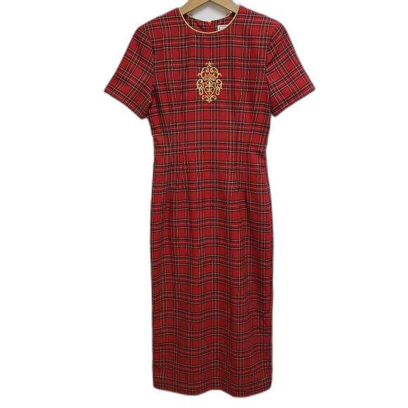 Misty Lane Dress Sz 6 Red Plaid Embroidered Crest Short Slv Midi Vintage Preppy - Picture 1 of 11